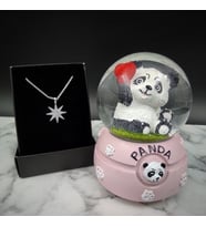 Sevimli Işıklı Panda Kar Küresi& Gümüş Kutup Yıldızı Zirkon Taşlı Kolye Hediye Seti