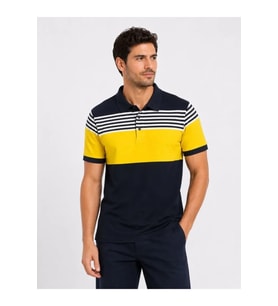 Erkek Pike Kumaş Çizgili Polo Yaka Tişört Kısa Kol Yazlık T-Shirt - Lacivert