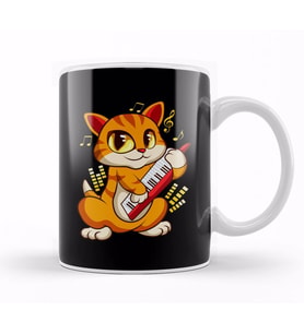 Cute Musician Cat Kitty Playing Guitar Kupa Bardak Porselen