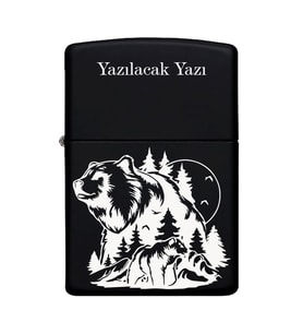 Ayı ve Orman Desenli Kişiye Özel İsimli Benzinli Siyah Metal Çakmak
