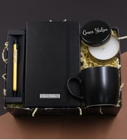 Kişiye Özel Kurumsal Ofis Hediye Seti ( Siyah Defter & Kupa & Kalem & Metal Mum) Öğretmene Hediye
