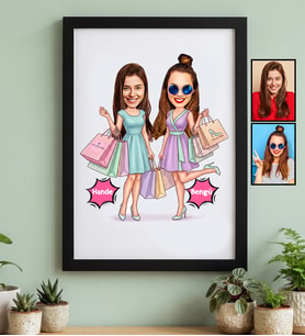 Kişiye Özel Karikatürlü Alışveriş Severler Abla Kız Kardeş Siyah Çerçeve Doğum Günü Hediyesi