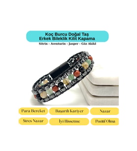 SERTİFİKALI Koç Burcu Disk Model Doğal Taş Erkek Bileklik Mıknatıslı Kilit