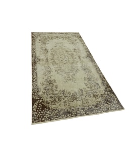 Gri Halı Bej Tonlu Floral Motifli Eskitme Salon Halısı El Dokuma Bordürlü Vintage