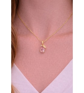 Gold Renk Pembe Çiçek Model Zirkon Taşlı Kadın Çelik Kolye