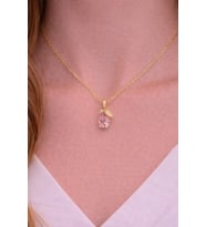 Gold Renk Pembe Çiçek Model Zirkon Taşlı Kadın Çelik Kolye (Altın)