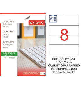 Tanex Lazer Etiket tw-2208 100 A4 Sayfa Laser Etiket 105 X 70 mm Boyutunda 1 A4 Sayfada 8 Etiket