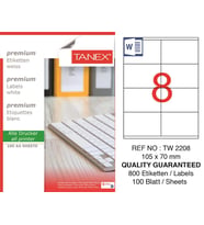 Tanex Lazer Etiket tw-2208 100 A4 Sayfa Laser Etiket 105 X 70 mm Boyutunda 1 A4 Sayfada 8 Etiket