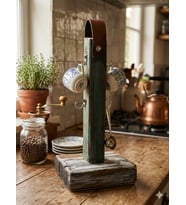 Rustik Ahşap Kupa Standı - Yakılmış Eskitme Yeşil Kahve Askısı, Deri Saplı Tezgah Üstü 4'lü Kupa Askılığı Kahve Köşesi Düzenleyici