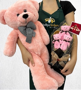 Büyük Boy Pembe Peluş Ayıcık ve Kişiye Özel Fotoğraflı 3'lü Peluş Ayıcık Buketi (Model 1)