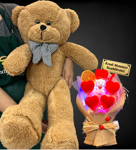 Size Özel Led Işıklı İsimli Ayıcık Buketi ve Büyük Boy 80cm Kahve Peluş Ayıcık (Model 4)