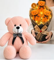 LED Işıklı Turuncu Peluş Ayıcık Buketi ve 50 cm Pembe Peluş Ayıcık Hediye Seti