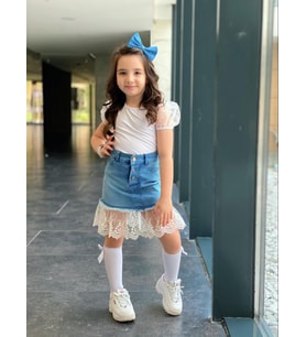 MODAVALS KIZ ÇOCUK KARPUZ KOL BLUZLU DANTEL DETAY KOT ETEKLİ ALT ÜST TAKIM 541236987