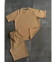 Düz renk tshirt & şort yan cepli kordon ayarlamalı ter tutmayan mevsimlik takım (Bej)