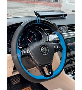 Vw Golf 7 Dikme Direksiyon Kılıfı Parlak Siyah Mavi Detaylı Mavi Çift Yüzük ve Dikiş 2012-2017