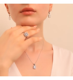 925 Ayar Gümüş Trapez Taşlı Kolye-Küpe-Yüzük Set