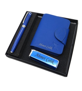 Signator D255 Kişiye Özel Set - Mavi Deri Cüzdan Kartlık + Mavi Çakmak  + Mavi Roller Kalem Seti  İsme Özel Hediyelik Set (Karışık)