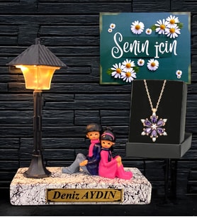 İsimli Biblolu Beyaz Masa Lambası ve Gerçek Ametist Taşlı Lotus Kolye (Model 5)