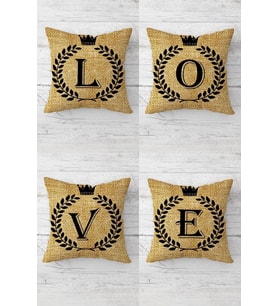 Love Harfleri Jüte Desen Gizli Fermuarlı Kırlent Kılıfı Koltuk Yastık Kılıfı Takım(4adet) (Taba)