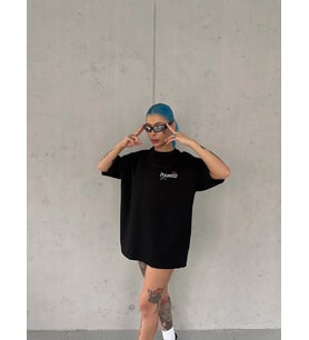 Kadın Bisiklet Yaka Baskılı kısa kol Oversize T-Shirt - Siyah