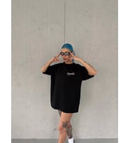 Kadın Bisiklet Yaka Baskılı kısa kol Oversize T-Shirt - Siyah