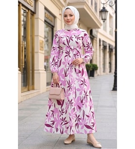 Zerya Desenli Keten Elbise 1718 - Pembe