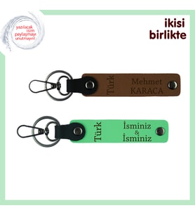 Kişisel Hatıra Türk Yazısı Desenli, İsim Yazılı 2’li Anahtarlık Hediye, Açık Kahve-Yeşil