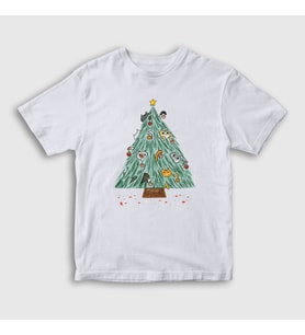 Presmono Unisex Çocuk Beyaz Kedili Çam Ağacı Yılbaşı T-Shirt 269931tt