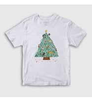 Presmono Unisex Çocuk Beyaz Kedili Çam Ağacı Yılbaşı T-Shirt 269931tt