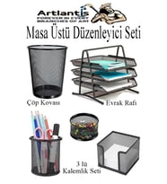 Masa Üstü Siyah Fileli Kalemlik Çöp Kovası ve 3 Katlı Evrak Rafı 5 Parça 1 Paket 5 li Masa Üstü Düzenleyici Kalemlik Küp Notluk Ataşlık