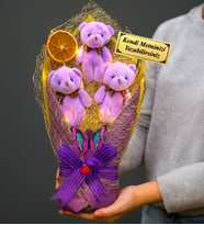 Kişiye Özel Led Işıklı Mor Peluş Ayıcık Buketi Kişiye Özel Ayıcık Buketi