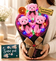 Renkli LED Işıklı Büyük Boy Pembe Peluş Ayıcık Buketi Kişiye Özel Tasarım