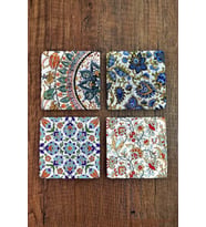 Doğal Taş Bardak Altlığı Çini Desenler Baskılı 4'lü Set - Stone Coasters