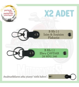 Motorcu Tarzı Plakalı & İsimli Deri x2' li Anahtarlık,  B Rh (-) Kan Grubu ile, S Kahve-F Yeşil-SK (Çok Renkli)