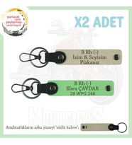 Motorcu Tarzı Plakalı & İsimli Deri x2' li Anahtarlık,  B Rh (-) Kan Grubu ile, S Kahve-F Yeşil-SK (Çok Renkli)