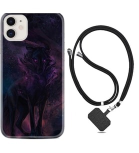 Apple iPhone 11 12 13 Mini Kılıf Boyun Askılı Silikon Black Purple Wolf 1791