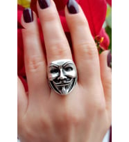 Antik Gümüş Kaplama V For Vendetta Şekilli El Yapımı Ayarlanabilir Yüzük
