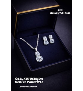 925 Ayar Damgalı Gümüş Kaplama Işıltı Serisi  Çift Taşlı Damla Takı Seti – Özel Kutusunda Hediyelik (Silver)