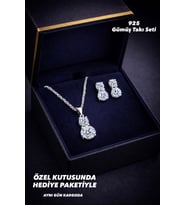 925 Ayar Damgalı Gümüş Kaplama Işıltı Serisi  Çift Taşlı Damla Takı Seti – Özel Kutusunda Hediyelik (Silver)