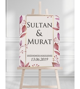 Söz Nişan Düğün İçin 50x70 Karşılama Panosu - Pembe Yaprak Tasarımlı