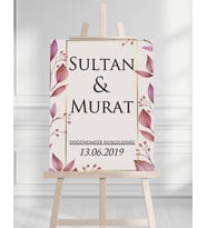 Söz Nişan Düğün İçin 50x70 Karşılama Panosu - Pembe Yaprak Tasarımlı