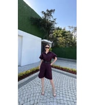 Yakalı Gömlek Kemerli Şortlu Takım - Bordo