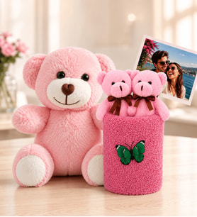 Kişiye Özel Fotoğraflı 2'li Peluş Ayıcık Buketi ve Pembe Ayıcık Hediye Seti