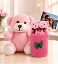 Kişiye Özel Fotoğraflı 2'li Peluş Ayıcık Buketi ve Pembe Ayıcık Hediye Seti