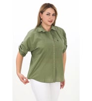 %100 Cotton Yazlık Organik Büyük Beden Kadın Gömlek (Haki)