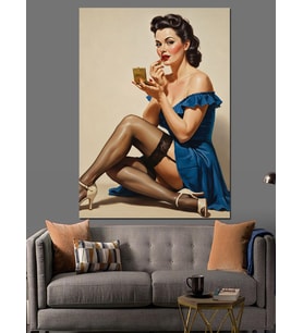 Pin-Up Mavi Giysili Kadın Dekoratif Kanvas - Mdf Ahşap Tablo