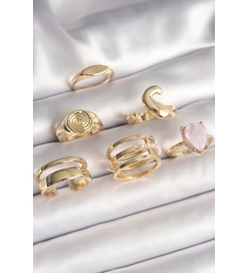 Pirinç Gold Renk Pembe Damla Mineli Sarmal İşleme Detaylı 6'Lı Kadın Yüzük Seti (Altın)