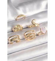 Pirinç Gold Renk Pembe Damla Mineli Sarmal İşleme Detaylı 6'Lı Kadın Yüzük Seti (Altın)