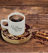BK Gift Kişiye Özel Retro Motif Tasarımlı Doğal Ahşap Tabaklı Türk Kahvesi Fincanı Model 7
