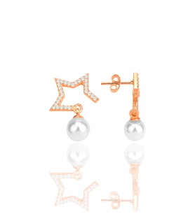 Gümüş rose zirkon taşlı,inci sallantılı yarım yıldız küpe SGTL12260ROSE